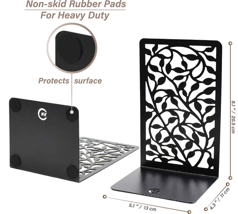 CNK Book Ends for Shelves - Metal Holders for Home Office Heavy Books, Shelf Stoppers, Decorative Set of 2 Black Infinite Leaves Bookends - Image 5